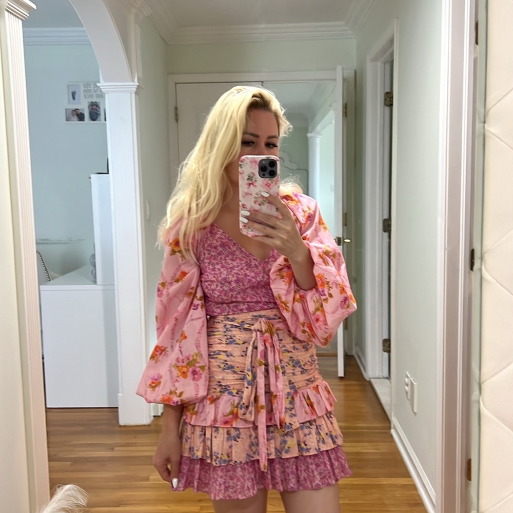LOVESHACKFANCY Rina Floral Print Ruffled Mini Dress, Exploded Pink - Picture 3 of 5